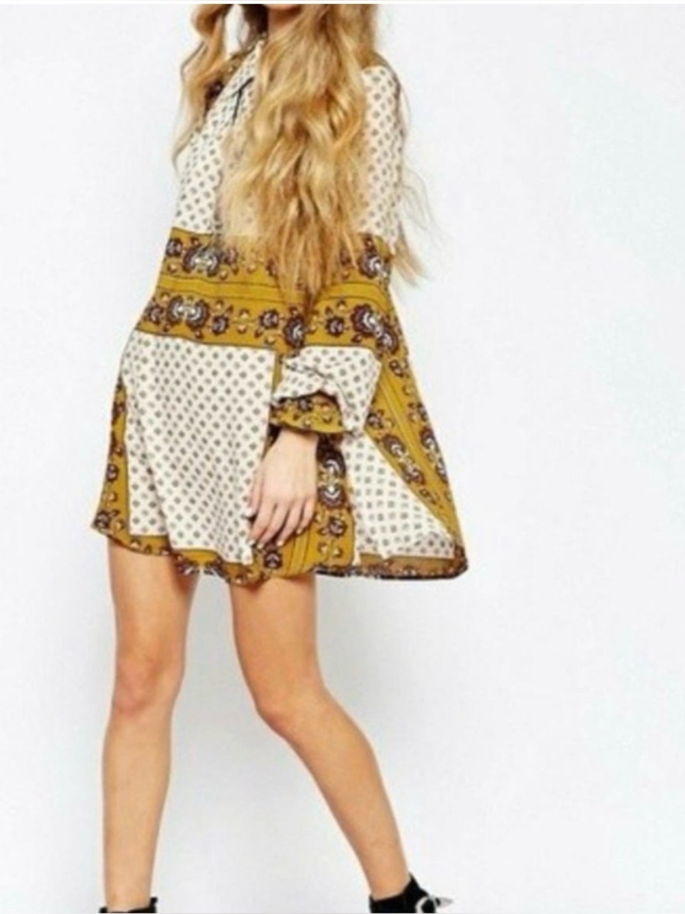 Free People Changing Times Tunic Bohemian Mustard & Cream Printed Mini Dress